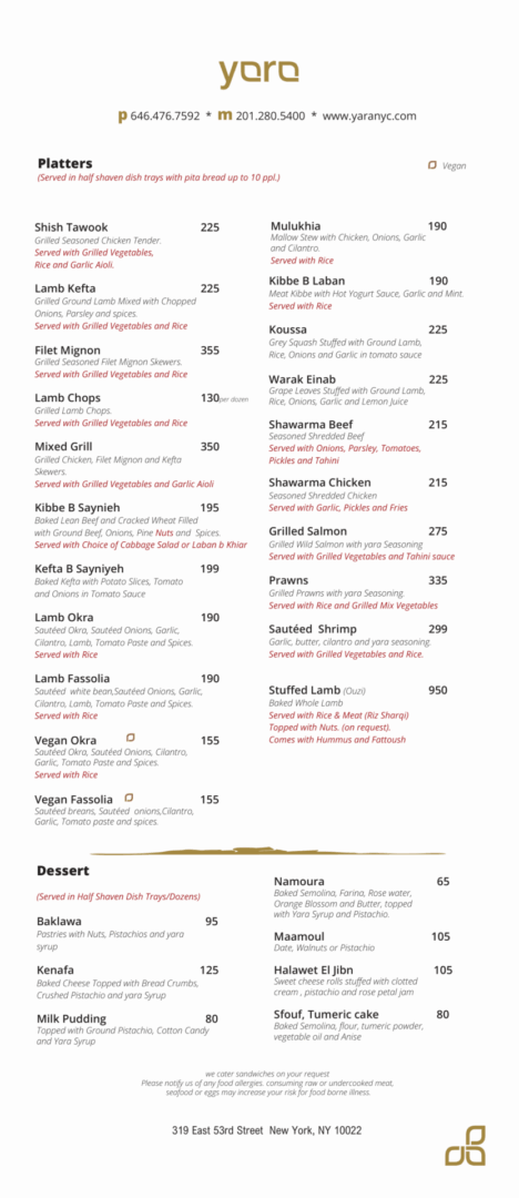 Yoro restaurant menu with platters and desserts.