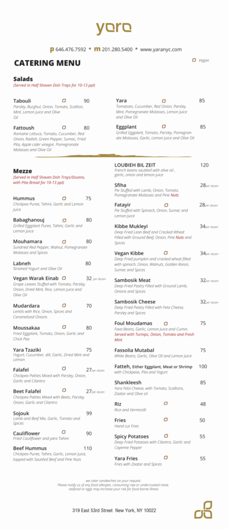 Restaurant catering menu with salads and mezze.